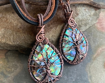 Antiqued Copper Wire Wrapped Abalone Tree of Life Pendant Necklace