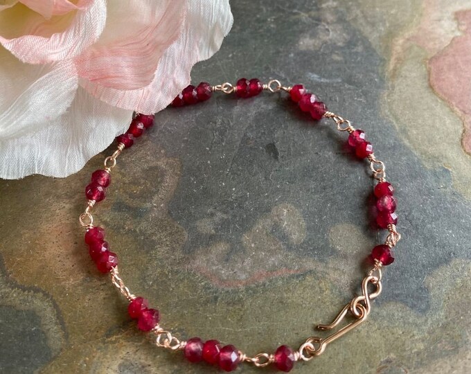 Delicate Ruby Bracelet in Rose Gold, Wire Wrapped Ruby Bracelet/Anklet, July Birthstone Ruby Bracelet/Anklet, Layering Ruby Bracelet,