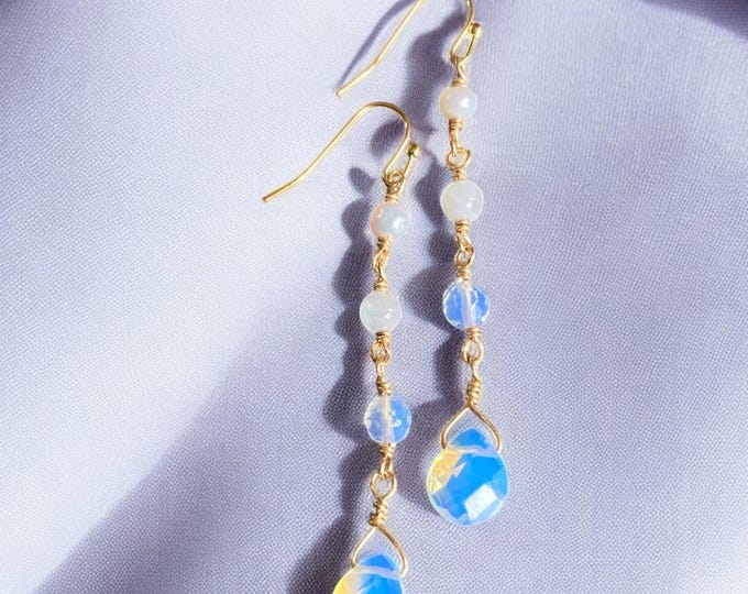 Handmade Moonstone, Pearl & Opalite in Gold Long Dangle Earrings, Elegant Moonstone Long Earrings, June Birthstone Gift for Her