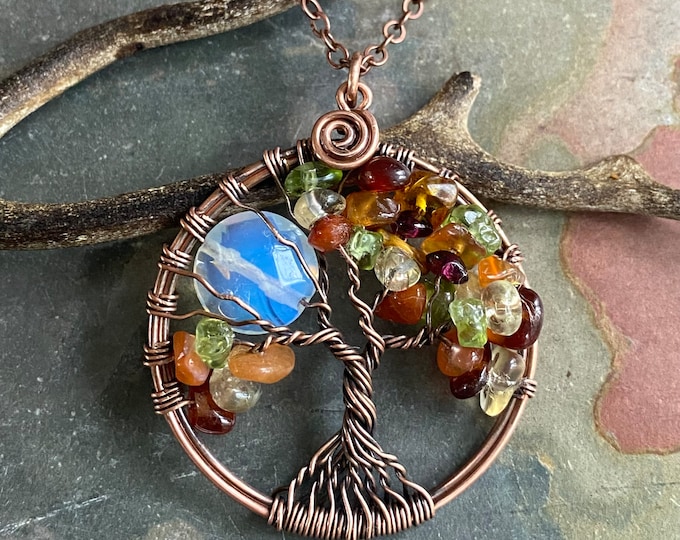 Opalite Full Moon Tree of Life Necklace in Antiqued copper,Wire Wrapped Autumn/Fall Full Moon Tree of Life, Family Tree of Life Necklace,