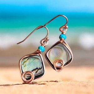 Wire Wrapped Abalone Earrings: Antiqued Copper & Turquoise