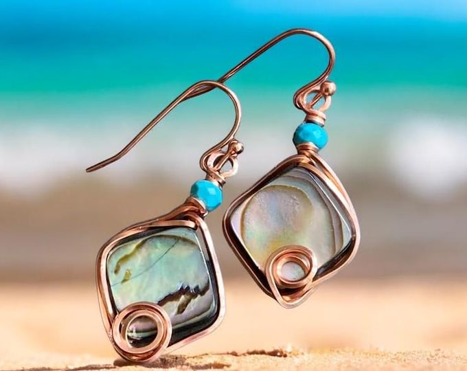 Wire Wrapped Abalone Earrings, Abalone Earrings in Antiqued Copper Wire, Abalone Drop Earrings, Abalone Shell Jewelry, Earrings for Women