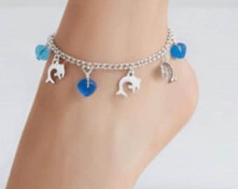 Sea Glass Dolphin Anklet, Blue Green Beach Jewelry, Nautical Charm Bracelet