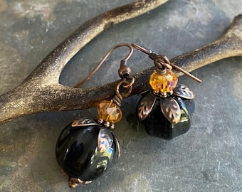 Halloween Earrings,BLACK Pumpkin Earrings in Antiqued Copper,Halloween/Fall/Autumn Pumpkin Earrings, Fall/Autumn Earrings, Black Earrings