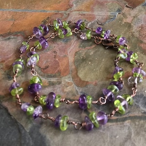 Wired Amethyst/Peridot Bracelet/Anklet or Necklace,Linked Wired Amethyst / Peridot Necklace February and August Birthstone Bracelet/Necklace image 1