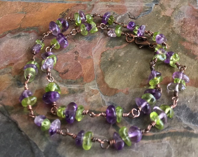 Wired Amethyst/Peridot Bracelet/Anklet or Necklace,Linked Wired Amethyst / Peridot Necklace February and August Birthstone Bracelet/Necklace