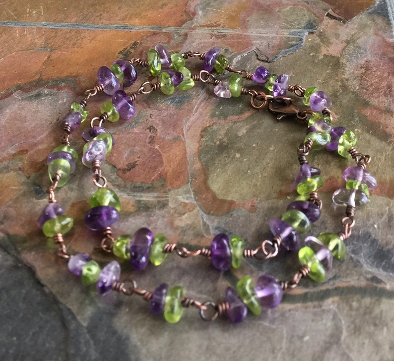 February Birthstone Jewelry AmethystPeridot Bracelet in Sterling Silver,Linked Wire Wrapped Amethyst and Peridot Bracelet Earrings