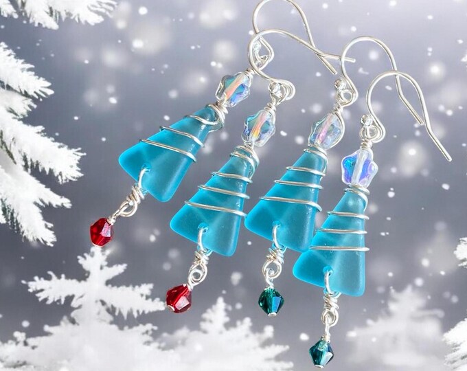 Holiday Dangle Earrings, Ready Ship in ONE day, Sea Glass Christmas Tree Earrings, Beach Glass Christmas Tree Earrings, Sea Glass Jewelry,