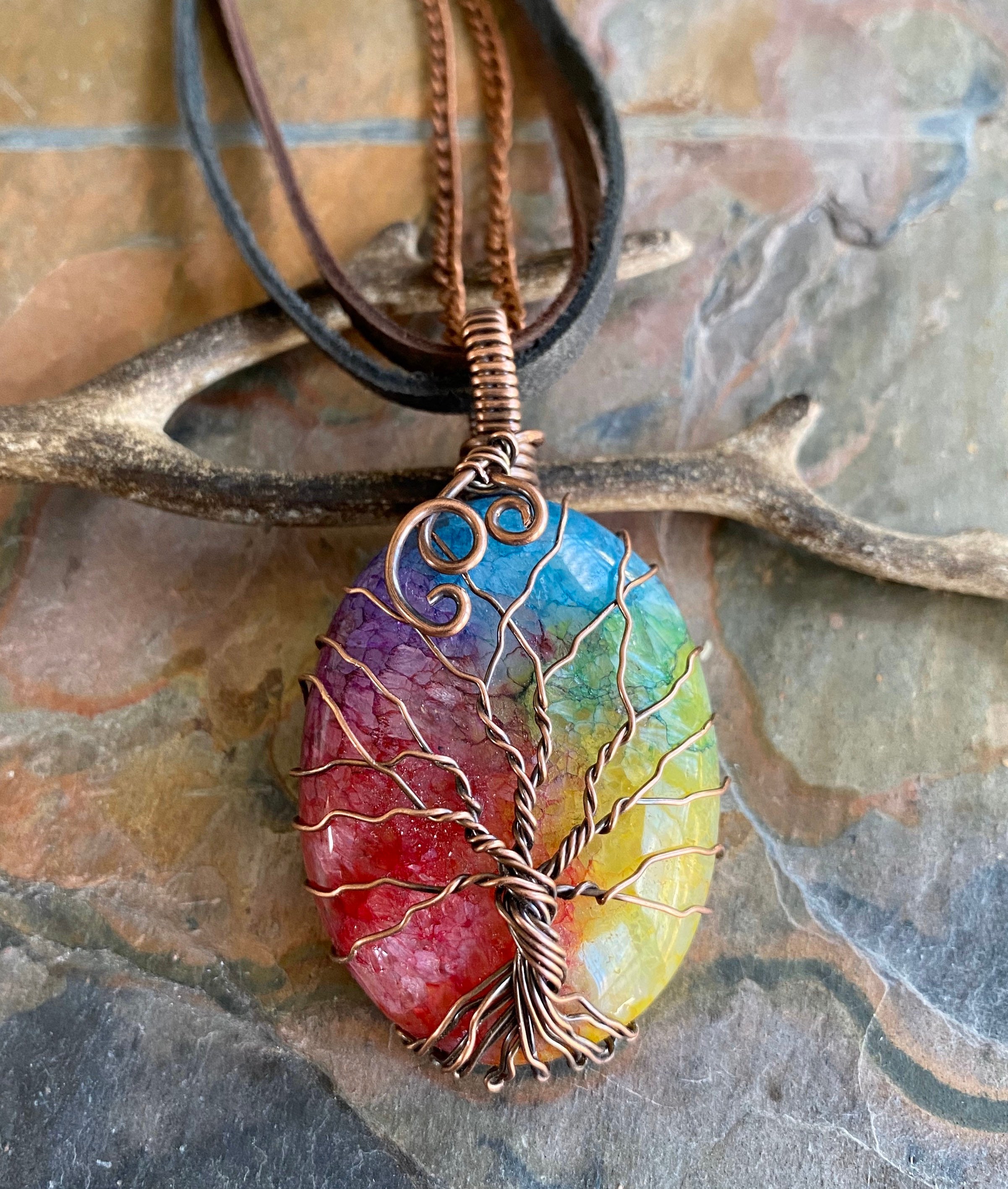 Wire Wrapped Rainbow Quartz Crystal Necklace,Raw Aura Quartz Necklace