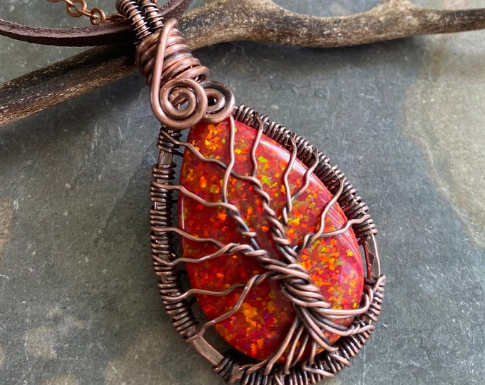 CHRISTMAS RED Opal Pendant Necklace in Antiqued Copper,Simulated Red Opal Tree of Life Necklace Copper,RED Opal Tree of Life,July Birthstone