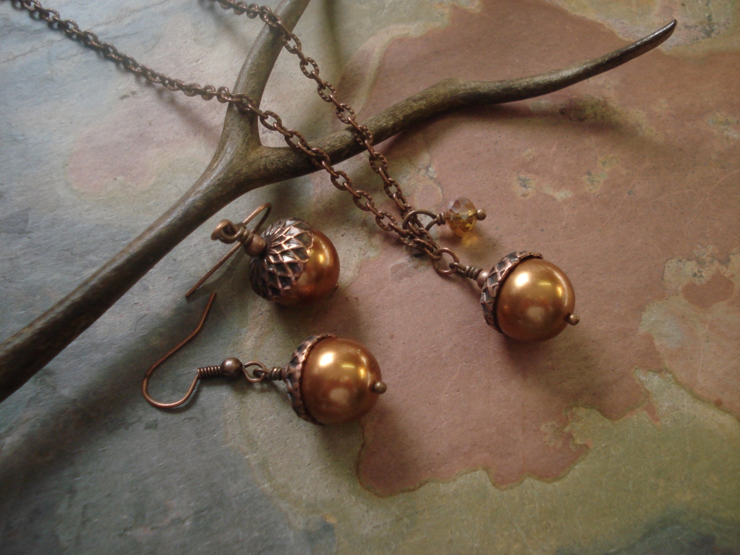 Copper Acorn Copper Pearl Earrings Only Fall Autumn Nature