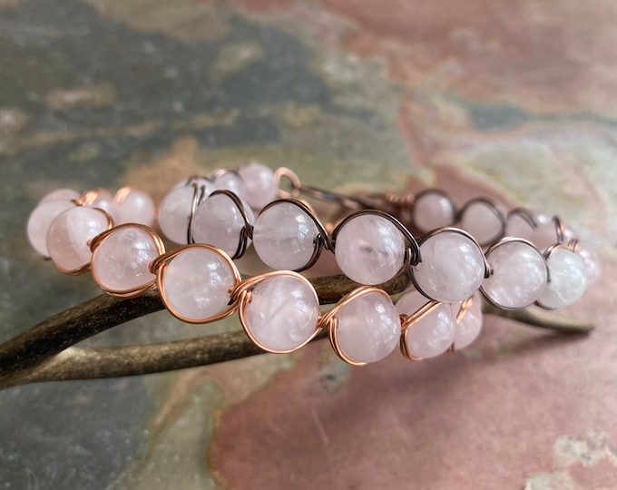 Wire Wrapped Rose Quartz Bracelet, Rose Quartz Bangle Bracelet,  October Birthstone Bracelet, Rose Quartz Jewelry, Pink rose Quartz Bracelet