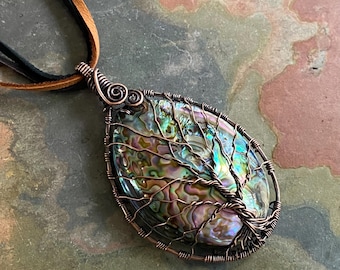 Wire Wrapped Rainbow Abalone Necklace in Antiqued Copper WHOLE PIECE, Abalone Shell Pendant, Abalone Shell Tree of Life Copper Necklace,
