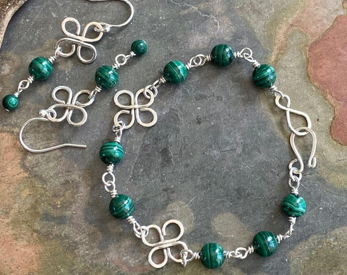 Malachite Earrings, Malachite Clover Earrings in Sterling Silver, St Patrick's Wire Wrapped Celtic Earrings, May Birthstone Green Earrings