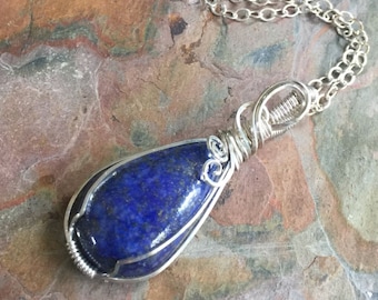 September Birthstone Necklace in Sterling Silver, Wire Wrapped Lapis Lazuli Sterling Solver  Pendant, Blue Lapis Lazuli Gemstone Pendant,