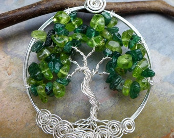 Peridot/Dark Jade Tree of Life Necklace, May and August Birthstone Tree of Life Necklace, Christmas Necklace, Peridot Necklace,Grandma Gift