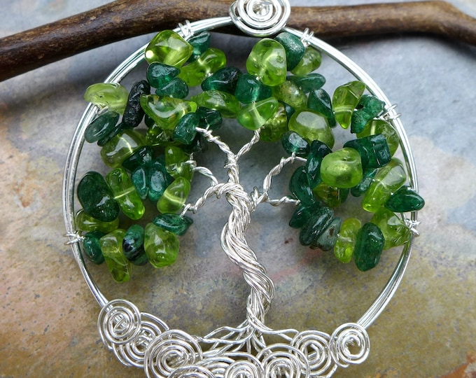 Peridot/Dark Jade Tree of Life Necklace, May and August Birthstone Tree of Life Necklace, Christmas Necklace, Peridot Necklace,Grandma Gift