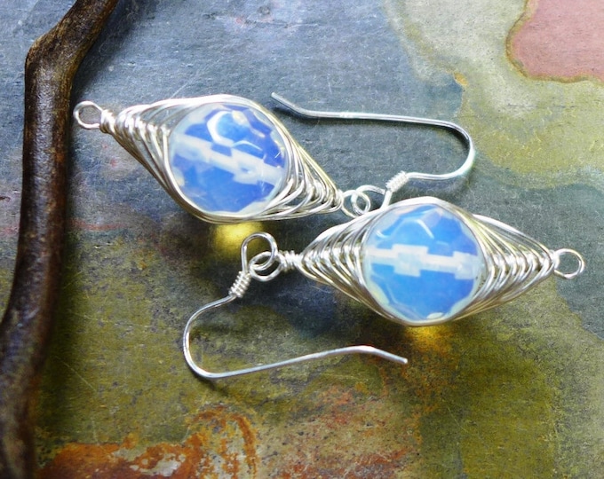 Wire Wrapped Earrings, Wire Wrapped Blue Opalite Herringbone Earrings, Opalite Danging Earrings in Sterling silver, Opalaite Earrings,