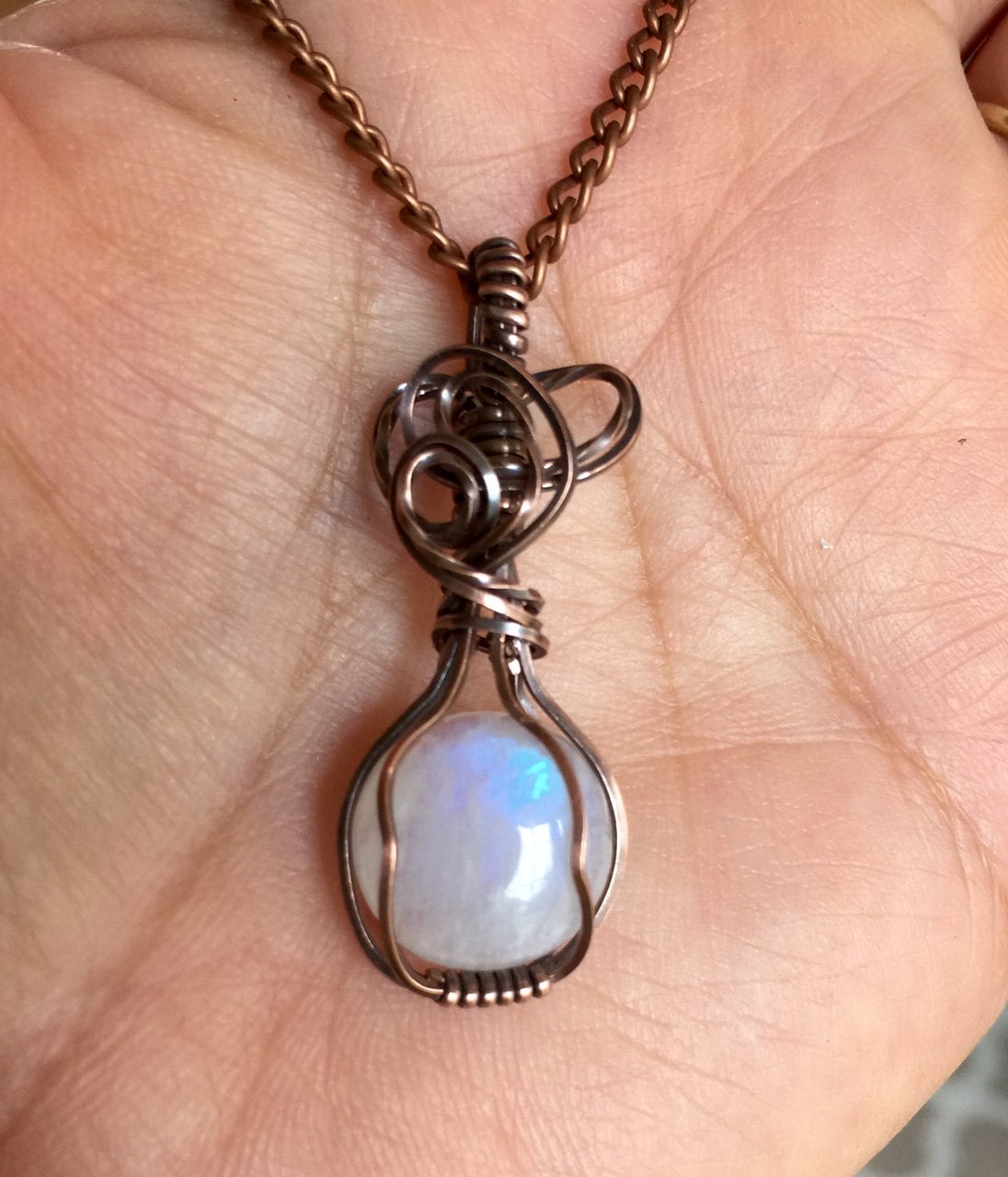 Wire Wrapped Moonstone Necklace in Antiqued Copper,Rainbow Moonstone