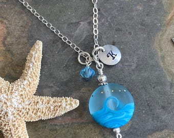 Sterling Silver Ocean Wave Necklace: Lampwork Glass Pendant, Beachy Summer Jewelry (Initial Stamp)