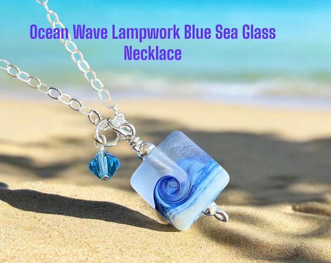 Ocean Beach Wave Necklace, Blue Beach Wave Necklace,Ocean Wave Lampwork Pendant, Beach Wave Jewelry, Blue Sea Glass Necklace sterling silver