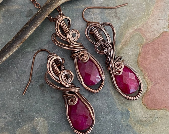Ruby Copper Pendant Wire Wrapped Gemstone Necklace & Earrings Boho Style  Jewelry, Wire Design Natural Ruby Stone July Birthstone Gift Idea
