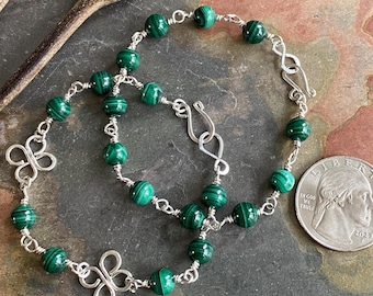 Malachite Bracelet in Sterling Silver, St Patrick's Bracelet,Wire Wrapped Malachite Celtic Clover Bracelet, Green Bracelet,Malachiye Jewelry