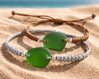 Genuine Green Sea Glass Macrame Bracelet, Pick Your Cord Color, Adjustable Beach Lovers Jewelry, Surfer Style Gift for Her