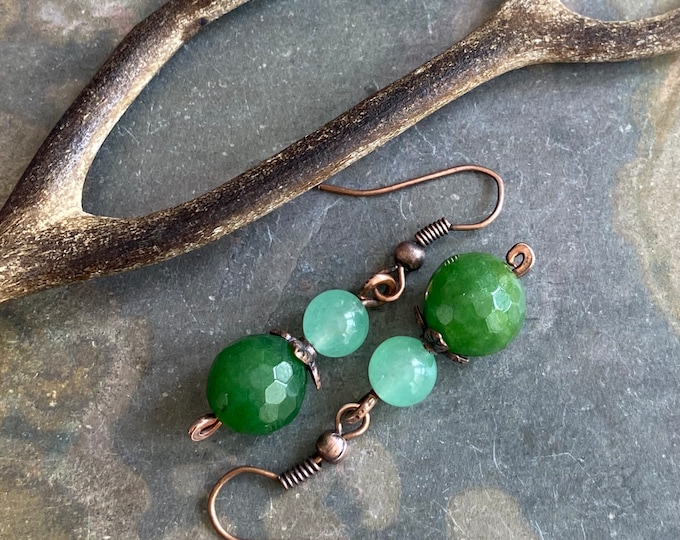 Jade Earrings, Wire Wrapped Herringbone green Jade Dangle Earrings, May Birthstone earrings, Healing Gemstone Earrings, Green jade jewelry