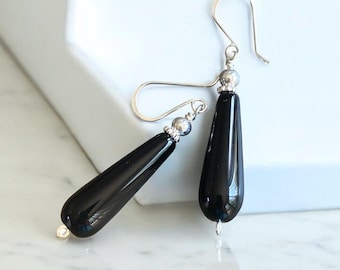 Black Onyx Earrings, Black Onyx Earring for Wedding Formal Wear, Black Jewelry Classic Design Sterling Silver Teardrop Dangle Earring