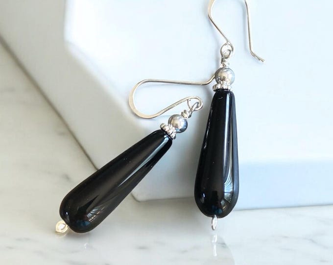 Black Onyx Earrings, Black Onyx Earring for Wedding Formal Wear, Black Jewelry Classic Design Sterling Silver Teardrop Dangle Earring