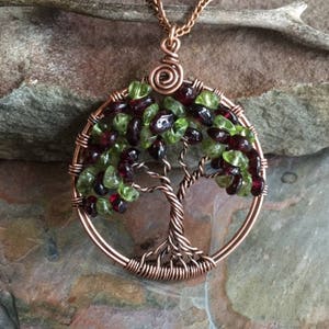 Garnet Necklace,Garnet/Peridot Tree of Life Necklace,Garnet Tree of Life Pendant in Copper,January Birthstone Necklace,Garnet Jewelry