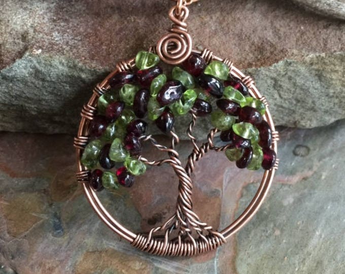 Garnet Necklace,Garnet/Peridot Tree of Life Necklace,Garnet Tree of Life Pendant in Copper,January Birthstone Necklace,Garnet Jewelry