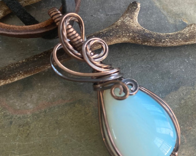 Opalite Pendant Necklace, Wire Wrapped Blue Opalite Pendant in Copper, Wire Wrapped Jewelry, Blue Opalite  Necklace in Copper