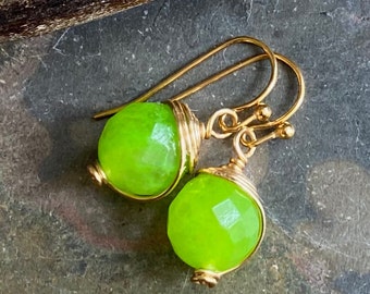 Jade Earrings in Gold, Wire Wrapped Lime green color Jade Earrings,Wire Wrapped dangle  Earrings  Wire wrapped Jade Earrings,