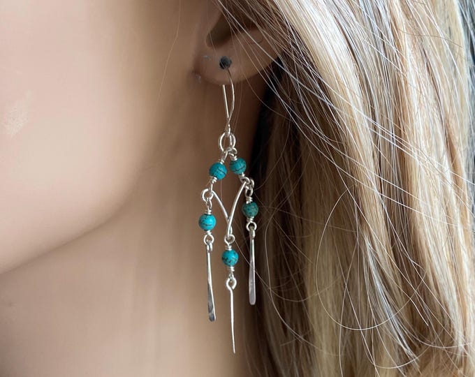 Turquoise Dangling Earrings in Sterling Silver, Chandelier Earrings with Howlite Turquoise, Turquoise Earrings, Statement Earrings,