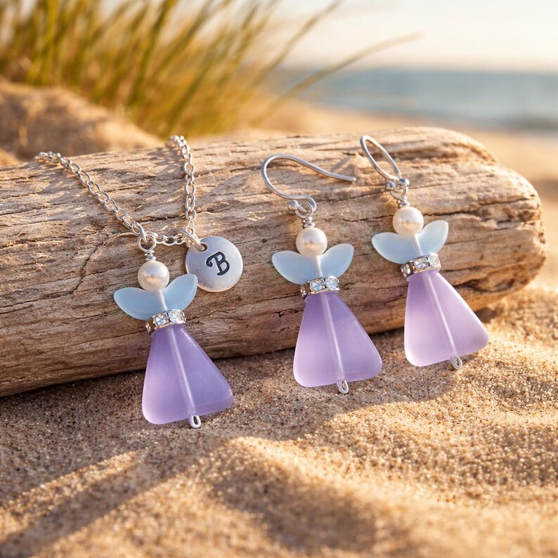 Collar de ángel de cristal marino personalizado, cadena de plata de ley, colgante con inicial personalizada imagen 14