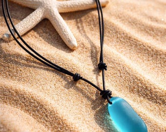 Sea Glass leather Adjustable Pendant, Turquoise Bay Color Coastal Necklace, Surfer's Jewelry