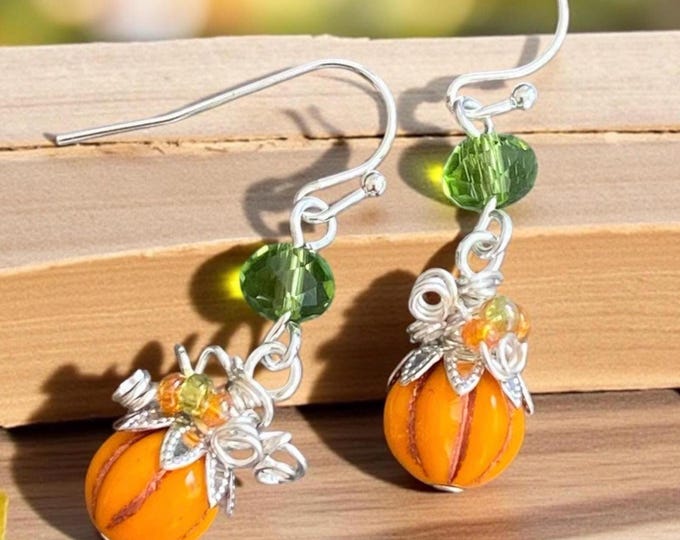Pumpkin Silver Earrings, Wire Wrapped Autumn Earrings, Fall Earrings, Gold and Silver Pumpkin Dangle Earrings, Fall Jewelry