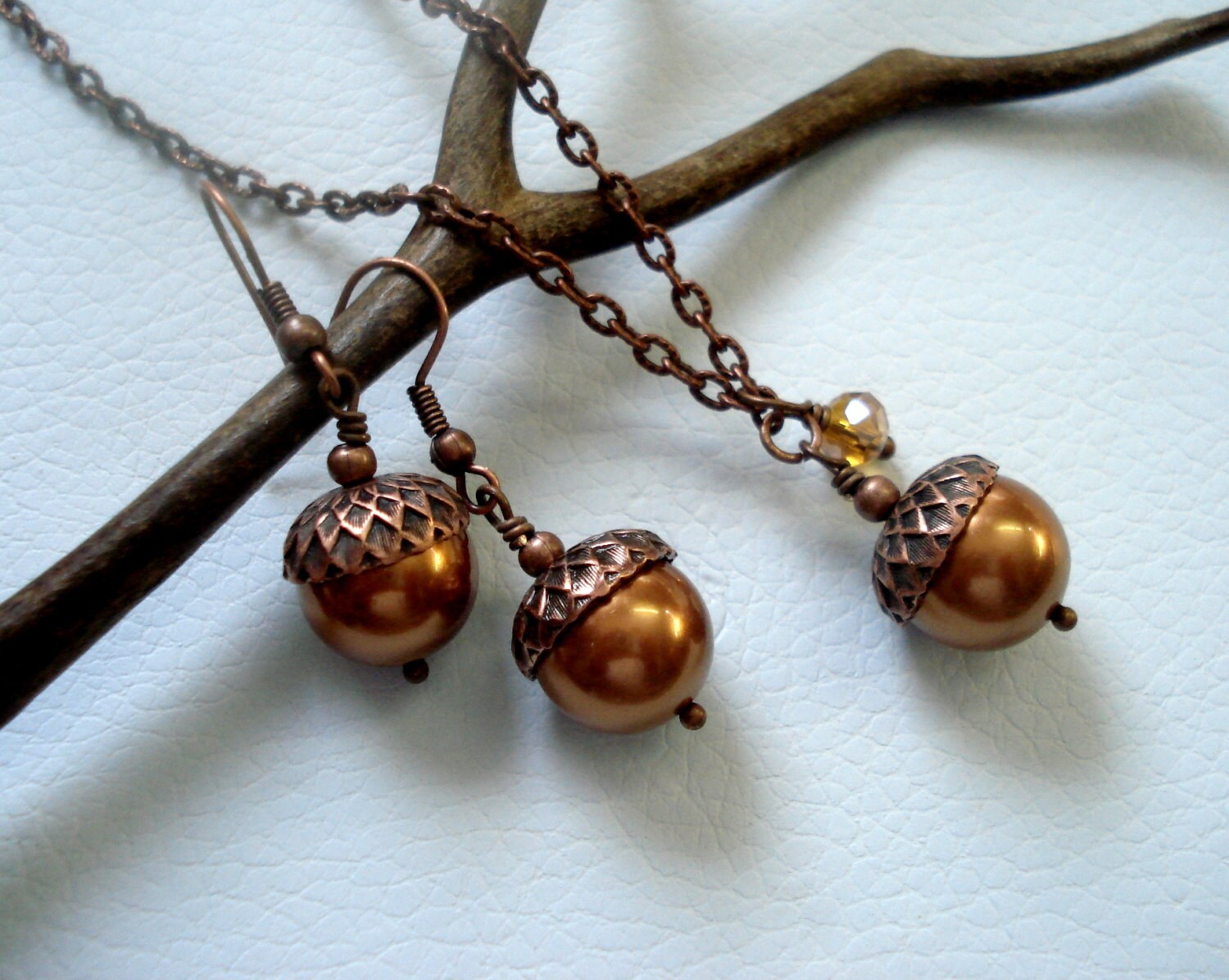 Copper Acorn Copper Pearl Earrings Only Fall Autumn Nature