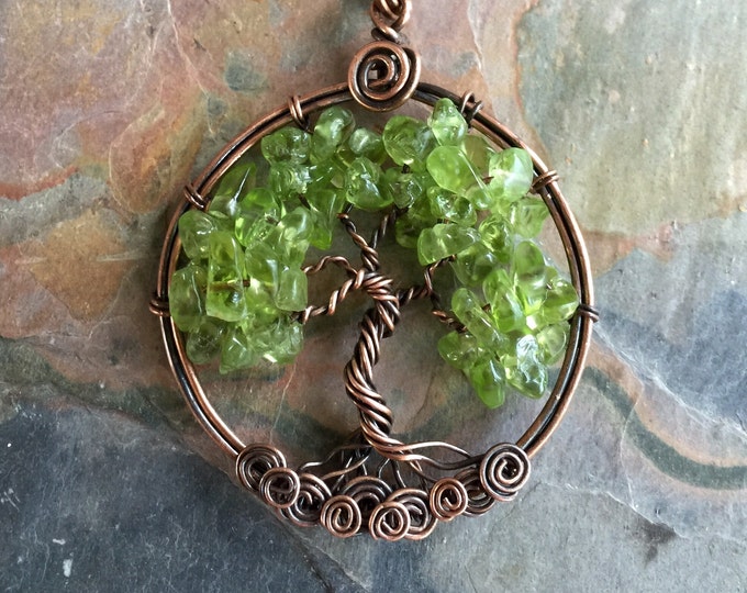 READY SHIP in 1 to 2 days, Peridot Tree of Life Pendant Antiqued Copper,Wire Wrapped Peridot Tree of life Necklace,August Birthstone Peridot