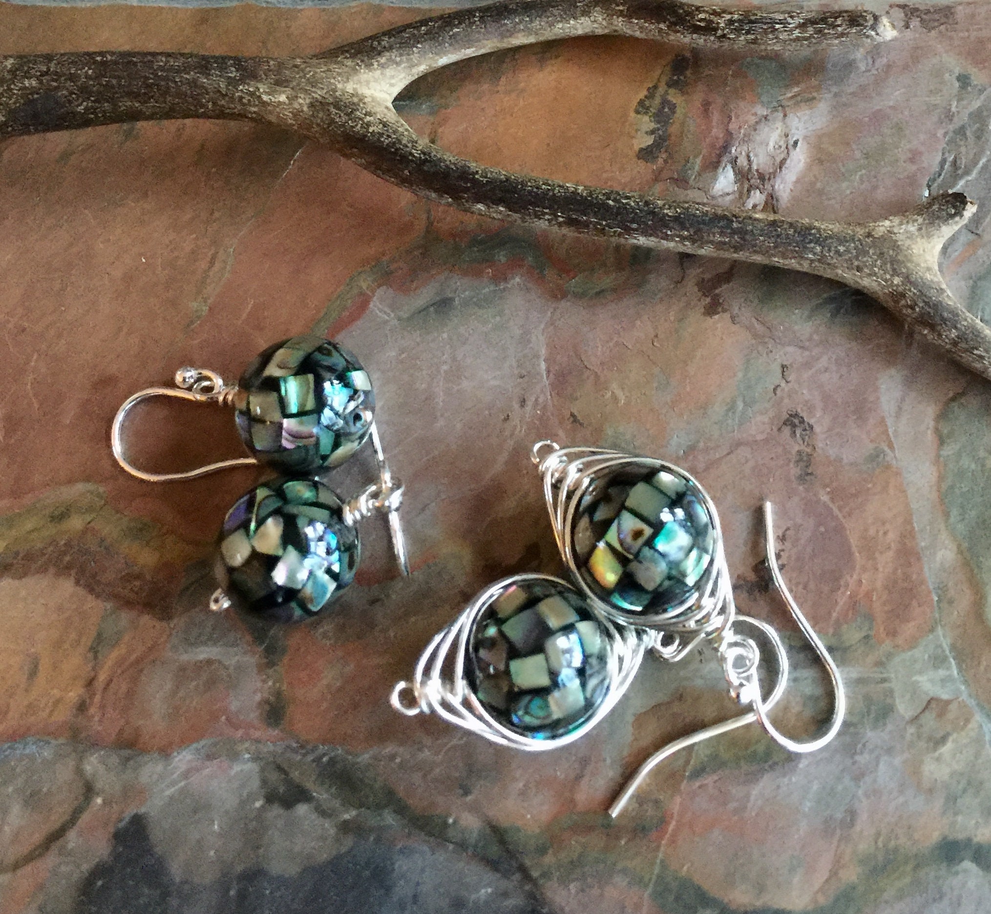 Abalone Earrings, Abalone Dangle/Drop Earrings in Sterling Silver,Abalone Mosaic Silver Earrings ...