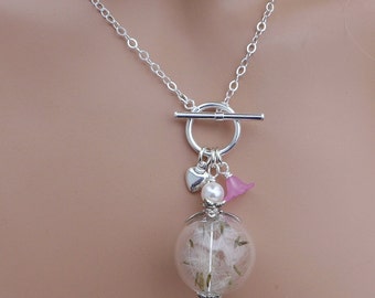 Dandelion Heart Charm Lariat Necklace, Real Dandelion Seed Pearl Silver lariat Necklace-Wish Necklace, Hollow Orb Wish Necklace, Wish Gift