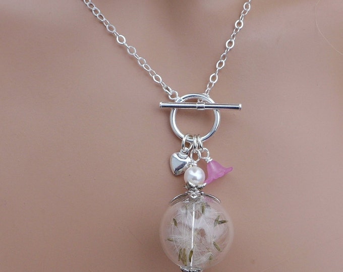 Dandelion Heart Charm Lariat Necklace, Real Dandelion Seed Pearl Silver lariat Necklace-Wish Necklace, Hollow Orb Wish Necklace, Wish Gift