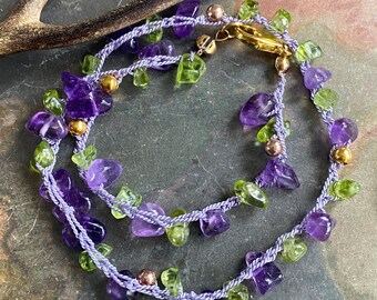 Amethyst,Peridot Bracelet, Crochet Amethyst  Bracelet, Peridot/Amethyst Gemstone Bracelet, Healing Amethyst Bracelet, Double strand Bracelet