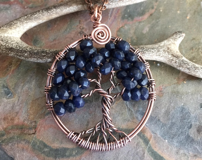 Sapphire Necklace,Sapphire Tree of Life Necklace Antiqued Copper,Sapphire Earrings,September Birthstone Necklace,Wire Wrapped Sapphire