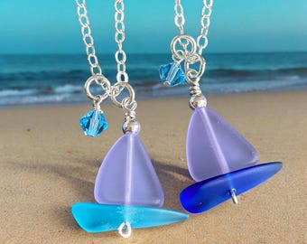 Periwinkle Sea Glass Sailboat Necklace: Sterling Silver Beach Jewelry