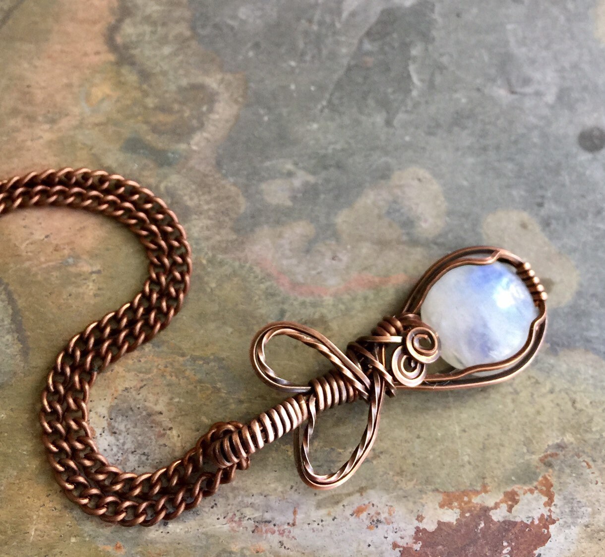 Wire Wrapped Moonstone Necklace in Antiqued Copper,Rainbow Moonstone