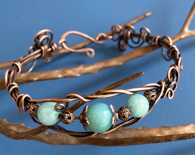 Aquamarine Bracelet, Wire Wrapped Aquamarine Bracelet in Antiqued Copper, March Birthstone Bracelet, Aquamarine cuff /Bangle Bracelet