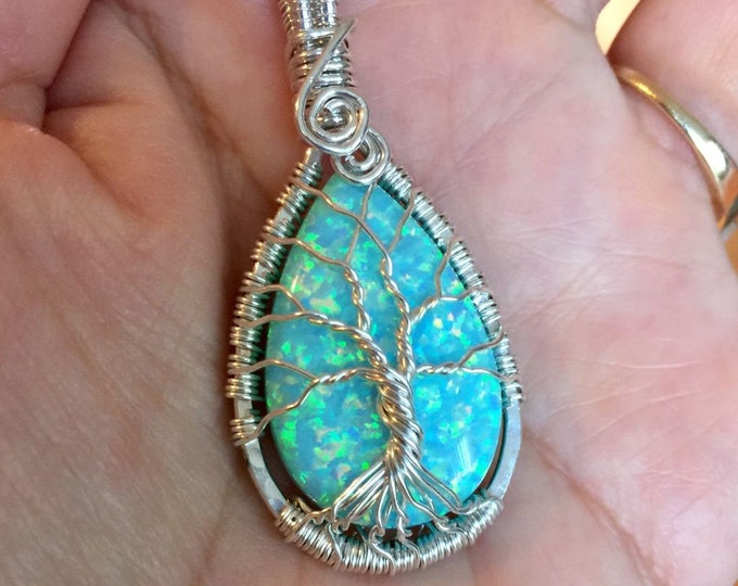 Mother's Day Gift,Opal Necklace,Aqua Blue Opal Necklace,Wire Wrapped Opal Tree of Life Necklace, October Birthstone Necklace, Lab Created